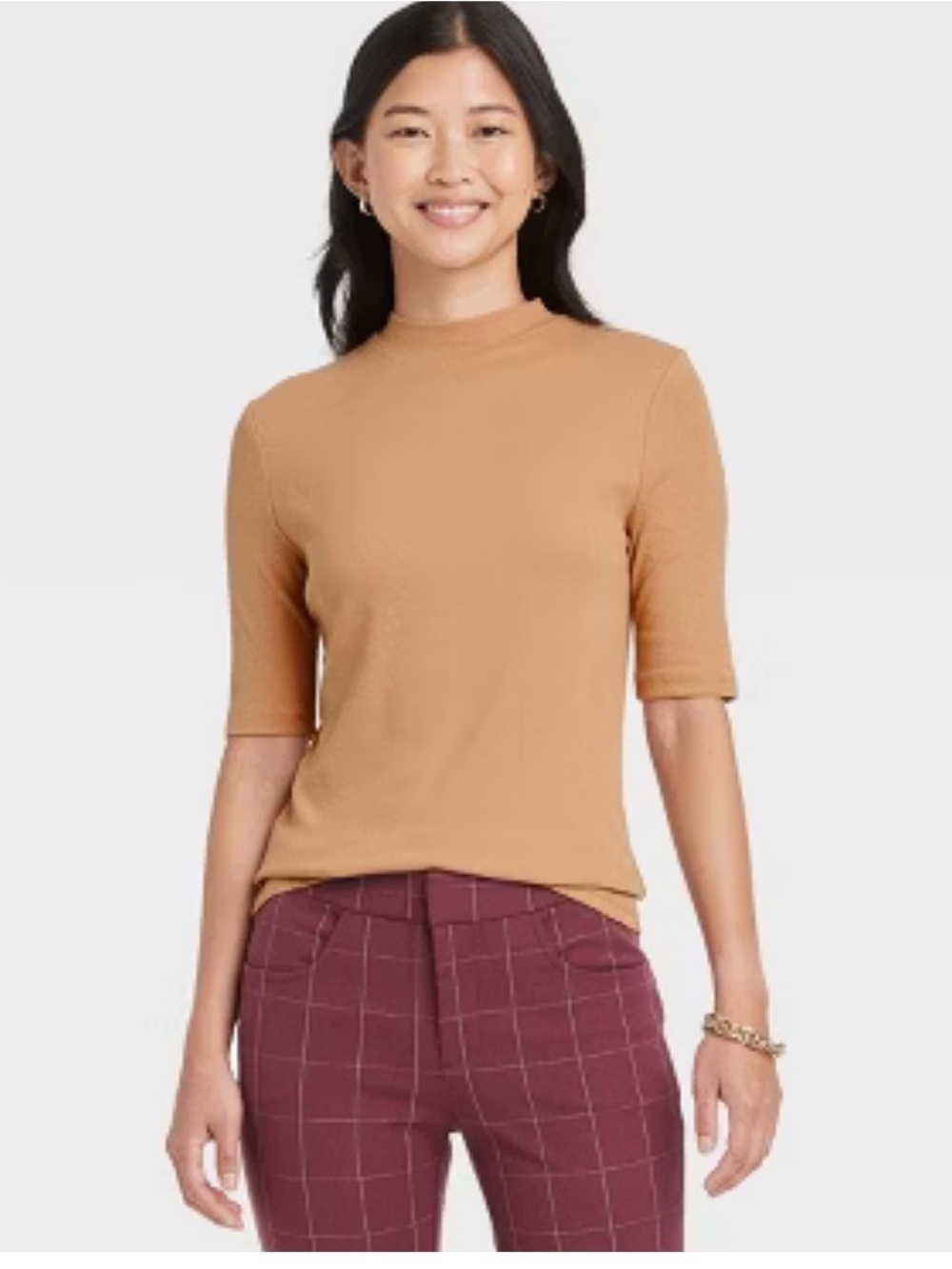 A New Day Women's Short-Sleeve Mock Neck Top in Camel